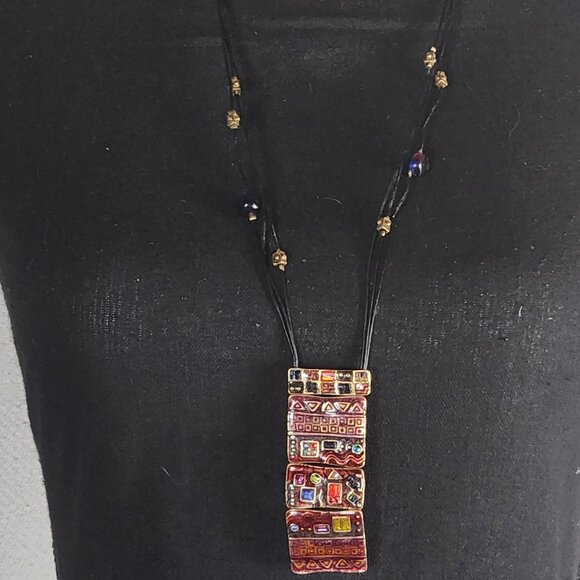 Chico's Vtg Multicolored Enamel Glass and Rhinestone Tile 34"-38.25" Necklace - Picture 2 of 16